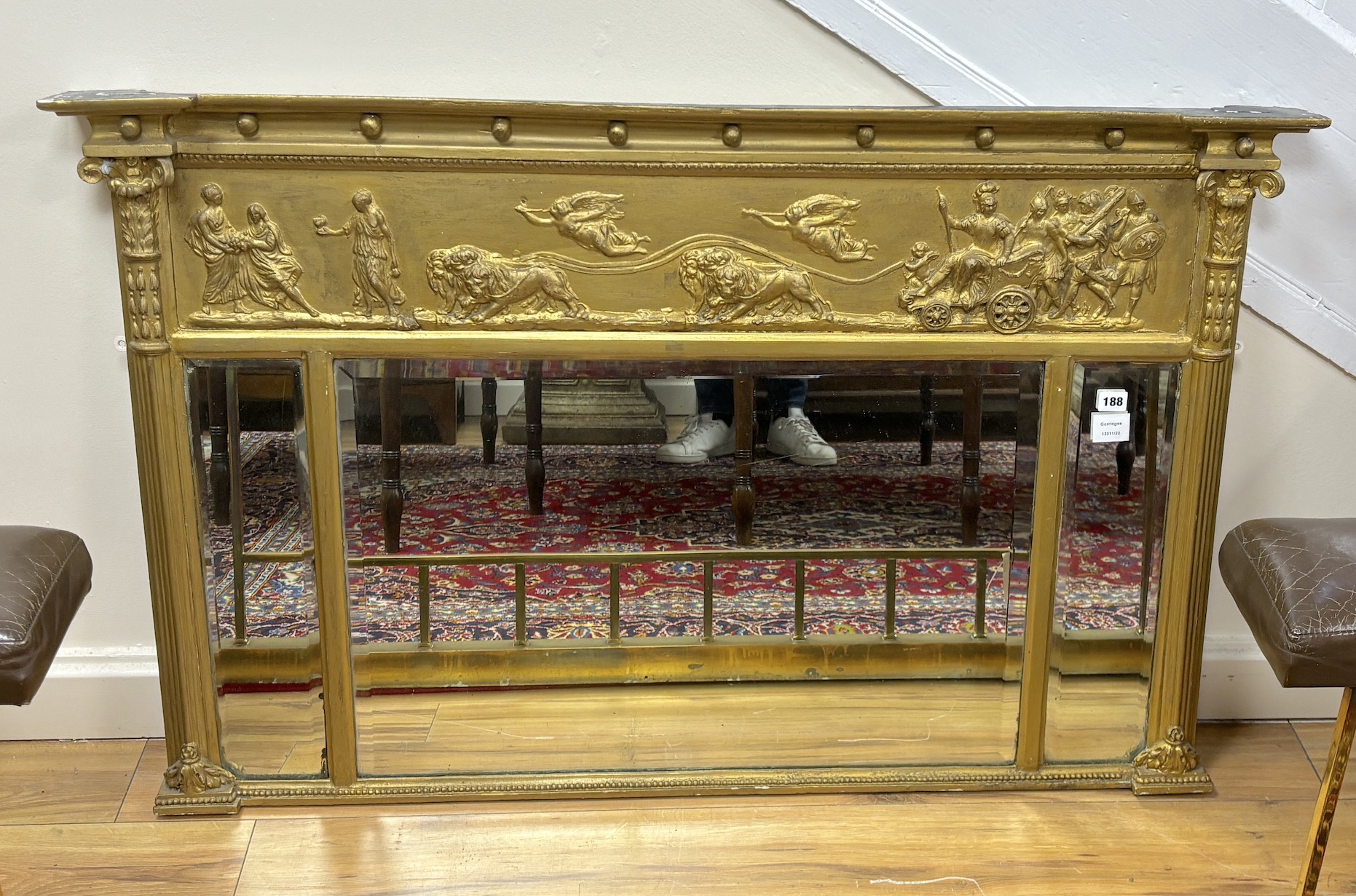 A Regency giltwood and composition triple plate overmantel mirror, later painted, width 126cm, height 80cm